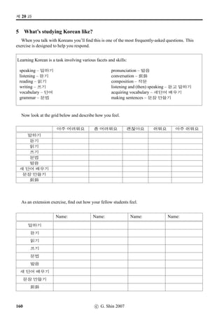 t« x§, !Twˆt« x§?
8 Making Dialogue
In small groups, make a dialogue to ﬁt the following situation.
1. You want to go to the beach tomorrow, and you want your friends to go with you. You ask them
what they’re doing, and would they like to go to the seaside.
2. They say yes, suggest you all go together, and ask if you’ve got a car.
3. You say you have, and ask whereabouts should you all meet.
4. They suggest the station, and ask where you’re planning to go.
5. You say Seaview (Ž®) Beach is good.
6. They ask how far is it?
7. You tell them it’s twenty kilometres, and that it should take half an hour to get there.
8. They ask you what time you should leave.
9. You suggest nine o’clock, and that you’ll arrive at the beach at nine thirty.
10. Perhaps because all these details make you sound like a tour guide, they ask, as a joke, how much
the fare will be.
11. You answer twenty dollars a person!
c G. Shin 2007 97
 