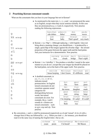 q¼õ
2 Practising Korean consonant sounds
What are the consonants that you have in your language but not in Korean?
g
kk as in sky
n
d
tt as in stop
r/l
m
b
pp as in spot
s
ss
ng as in sing
j
jj
ch
k
t
p
h
• As mentioned in the main text, b, d, g and j are pronounced the same
as in English, except when they occur sentence-initially. In this case
they are pronounced as p, t, k and ch, respectively. Now practise
reading the following expressions.
ban-chan a-beo-ji don pa-do
side dishes father money waves
gom a-gi Jo-a-yo a-ju
bear baby That’s good! very much
• Korean r is a ‘ﬂap’ r. Although replacing r with English r does not
bring about a meaning change, you should know r is produced by a
single, quick ﬂap of the tongue against the alveolar ridge – the inward
projection of the gums between the upper teeth and the hard palate.
Ask your instructor for a demonstration. Now practise.
sa-rang gu-reum da-ri Geu-rae-yo
love clouds bridge That’s right!
• Korean l is a ‘retroﬂex’ l. You produce a retroﬂex l sound in the same
manner as you do an l, except that your tongue tip should be placed on
the hard palate, not at the back of the upper teeth. Now practise.
sal-lim Mol-la-yo Dal-la-yo gil
house keeping I don’t know. It’s different. road
• A doubled consonant, ie
pp, tt, ss, jj or kk,
indicates tensed
pronunciation. In English
tensed consonants do not
constitute separate sound
categories for
distinguishing between
words, but tensed
consonants do exist. For
example, the p, t and k
sounds in s clusters are
tensed consonants – such
as spot, stop and sky. Now
practise.
bul ppul pul
ﬁre horn grass
dal ttal tal
the moon daughter mask
geun kkeun keun
root string large
Ja-yo Jja-yo Cha-yo
I’m sleeping. It’s salty! It’s cold!
sal ssal
ﬂesh rice
• By convention, s and ss shall be pronounced respectively as sh and ‘tensed’ sh (ie sh with a
stronger hiss) if they are followed by i or y. When you read si, for instance, you should not
read it in the same way of naming the English letter c but as she.
si-heom si Sim-sim-hae-yo Me-i-seun-ssi
exam peom I’m bored! Mr Mason
c G Shin 2006 3
 