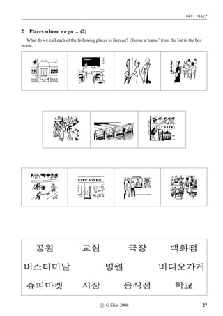 w´‡¢íW (1)
8 Reading Hangeul syllables (5)
Below are some Korean surnames. Read them aloud, and see if you know any Koreans with these
surnames.
3FV q„ ':A ‰† 
¬
3NÁ 4FS rœ Œ® sëˆ
n¼¾ 8FO 8FV : Lô
¾õ X Þ¶Ä uóˆ B‚Ž
p¼¾ 9NÁ q´P :GV x¦
­ ® vìˆ  q¼õ
:NÁ ;FV ½õ àíÄ y¦
‘¨ r¼õ 	  Öõ
Ä% w´‡ )d IßÁ 4+}
c G Shin 2006 17
 