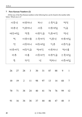 w´‡¢íW (2)
6 Writing Hangeul syllables
Write the following Insa expressions from Unit 1 in Hangeul. Note that in each box only one
syllable is to be written. Also, pay attention to spacing where applicable, and put the relevant
punctuation mark at the end as well.
1. An-nyeong-ha-se-yo?
2. Eo-seo o-se-yo.
3. An-nyeong-hi ga-se-yo.
4. An-nyeong-hi gye-se-yo.
5. Tto man-na-yo.
c G Shin 2006 23
 