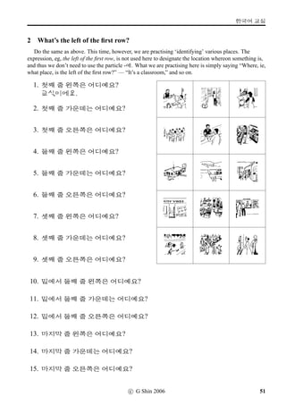 =V 4 »Î
3 Crossword
Try this crossword.
1 2 3 4
5
6
7 8
9
10
11 12
ACROSS
3. library
5. student dining hall
8. “He/she takes an exam”
9. inside the department store
10. airport
11. “He/she goes”
12. hospital
DOWN
1. university
2. restaurant
4. book shop
6. “He/she writes”
7. “He/she telephones”
8. to city, downtown
10. park
28 c G Shin 2006
 
