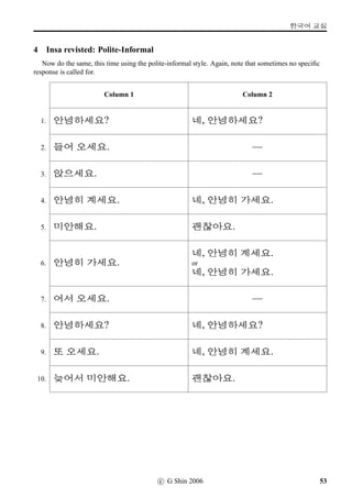=V 4 »Î
5 Making a Statement and Asking a Question in the Polite Informal Style
Attach -x§/-#Tx§, ie the Polite Informal ending, to each of the following verb stems. Explain what
rule you have applied to get the answer. Then, practise making a statement or asking a question by
changing the intonation pattern.
• -
• n´P-
• ;FS-
• v¦-
• åZøv¦-
• x¦-
• £Š-
• ¤ˆ-
• -
• Üí½-
• ¨óÐ-
• 
-
• O[Ž­
-
• B„‡=V
-
• 9N½
-
• vëˆµŽ
-
• 
-
• ½õÈ*
-
30 c G Shin 2006
 