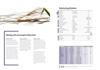 2726
Working with and caring for Allura Form
Installing your floor
The Allura Form concept has been
developed to offer you a new world
of creative options when designing an
interior. This brochure shows some of the
possibilities, but there are many more.
One thing to bear in mind when working
with Allura Form is that embossing,
grain, directional patterns and the play
of light on the surface of the tile have a
big role in creating the overall look and
feel of each collection. Because of this we
suggest you always create a floor plan
before installing Allura Form, and that
you begin with a test area – placing tiles
without glueing them down – to see if
what you have in mind works in practice.
Creating a special look
If you find that the possibilities offered
by Allura Form inspire your own idea
for different shapes and colours, do
get in touch with us and share them.
We’ll be happy to explore the practical
applications of your idea and can
definitely help you out with a different
colour or texture to fit your concept.
Basically, we’ll do all we can to help you
create your own ideal floor.
Caring for your floor
Allura Form is very easy to care for.
Special spray films and sealers are not
required. Instead, and unlike many other
LVT products, all Allura tiles are protected
by a proven PU finish. This is the same
finish we use in our other high-end floor
products and is both environmentally
friendly and contributes to reducing total
lifetime costs.
Before using the floor for the first time,
we recommend you clean it with a
standard detergent and mop, rinse it
with clean water and allow it to dry.
Your floor is now ready to use. In most
situations, regular dry cleaning is enough
to keep the floor clean, although spots
can be removed with a damp mop or
cloth. You can clean Allura Form with a
rotary cleaning machine, but this is rarely
required.
Technical specifications
Allura Form meets the requirements of EN 649
1 Total thickness ISO 24346 / EN 428 2.5 mm
H Commercial use ISO 10874 / EN 685 34
K Industrial use ISO 10874 / EN 685 43
: Collection size 20
= Wearlayer thickness ISO 24340 / EN 429 0.7 mm
. Total weight ISO 23997 / EN 430 approx. 3600 g/m2
Squareness and straightness EN 427
< 400 mm < 0.25 mm
> 400 mm < 0.35 mm
t Abrasion resistence EN 660 group T
[ Slip resistance DIN 51130 R10
s Acoustical impact noise reduction EN ISO 717-2 6 dB
g Castor chair continuous use ISO 4918 / EN 425 Superior
3 Residual indentation ISO 24343-1 / EN 433 ≤ 0.04 mm
> Light fastness ISO 105-B02 ≥ 6
VOC emissions AgBB/DIBT Suitable for indoor applications
5 Resistance to chemicals ISO 26787 / EN 423 Very good
2 Dimension stability (after exp. to heat) ISO 23999 / EN 434 ≤ 0.05%
@ Heat insulation EN 12664 0.0145 m2
K/W
< Heat dissipation DIN 52614 W1 36 KJ/m3
/ W10 240 KJ/m3
Allura Form meets the requirements of EN 14041 &R Reaction to fire EN 13501 Bfl
-s1
Z Slip resistance EN 13893 DS - µ > 0.30
e Thermal conductivity EN 12524 0.25 W/mK
L Body voltage EN 1815 < 2 kV
Form Colour number Colour name Size Pieces per box m2
per box
Triangle w69013 blond ahorn all sides 50 cm 20 2,15
Triangle w69014 deep mahogany all sides 50 cm 20 2,15
Square w69077 country rustic oak 25 x 25 cm 32 2
Square w69064 whitewash elegant oak 25 x 25 cm 32 2
Diamond w69253 seagrass oyster all sides 34,6 cm 24 2,48
Diamond w69255 seagrass natural all sides 34,6 cm 24 2,48
Diamond w69256 seagrass coal all sides 34,6 cm 24 2,48
Diamond w69257 seagrass timber all sides 34,6 cm 24 2,48
Stone Dimensions s62450 stone grey 100 x 100 cm (50) on pallet 50
Stone Dimensions s62451 stone grey 50 x 50 cm 12 3
Stone Dimensions s62452 stone grey 25 x 25 cm 32 2
Oak XL w60300 central oak 150 cm long, 28 cm wide 10 4,2
Oak XL w60310 central oak 150 cm long, 14 cm wide 12 2,52
Oak XL w60321 central oak 150 cm long, 7 cm wide 24 2,52
Oak XL w60301 whitened oak 150 cm long, 28 cm wide 10 4,2
Oak XL w60311 whitened oak 150 cm long, 14 cm wide 12 2,52
Oak XL w60322 whitened oak 150 cm long, 7 cm wide 24 2,52
Oak XL w60302 deep country oak 150 cm long, 28 cm wide 10 4,2
Oak XL w60303 smoked grey oak 150 cm long, 28 cm wide 10 4,2
Oak XL w60304 rustic anthracite oak 150 cm long, 28 cm wide 10 4,2
The quality and environmental management system of Forbo Coevorden B.V. (NL) where Allura Form is manufactured is
certified in accordance with ISO 9001 and ISO 14001.
 