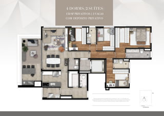 Planta do apartamento tipo padrão 147,22 m² privativos – final 1 – 1o
ao 15o
andar, com
sugestão de decoração. Os móveis, eletrodomésticos, eletrônicos e elementos de decoração
não fazem parte do Contrato de Compra e Venda da unidade. Medidas de face a face.
4 DORMS.(2 SUÍTES)
150 M2
PRIVATIVOS | 3 VAGAS
COM DEPÓSITO PRIVATIVO
 
