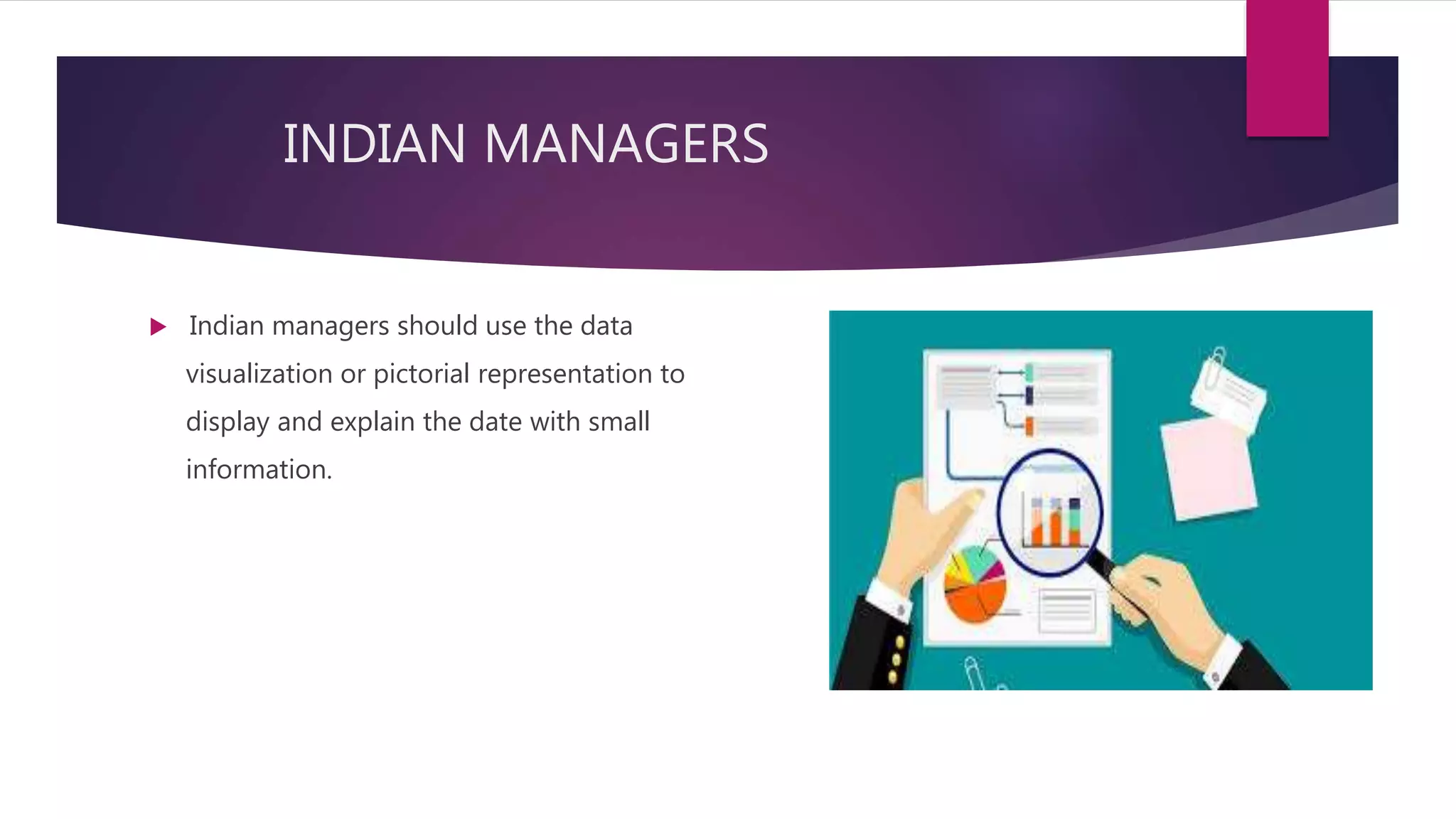 INDIAN MANAGERS
Indian managers should use the data
visualization or pictorial representation to
display and explain the date with small
information.