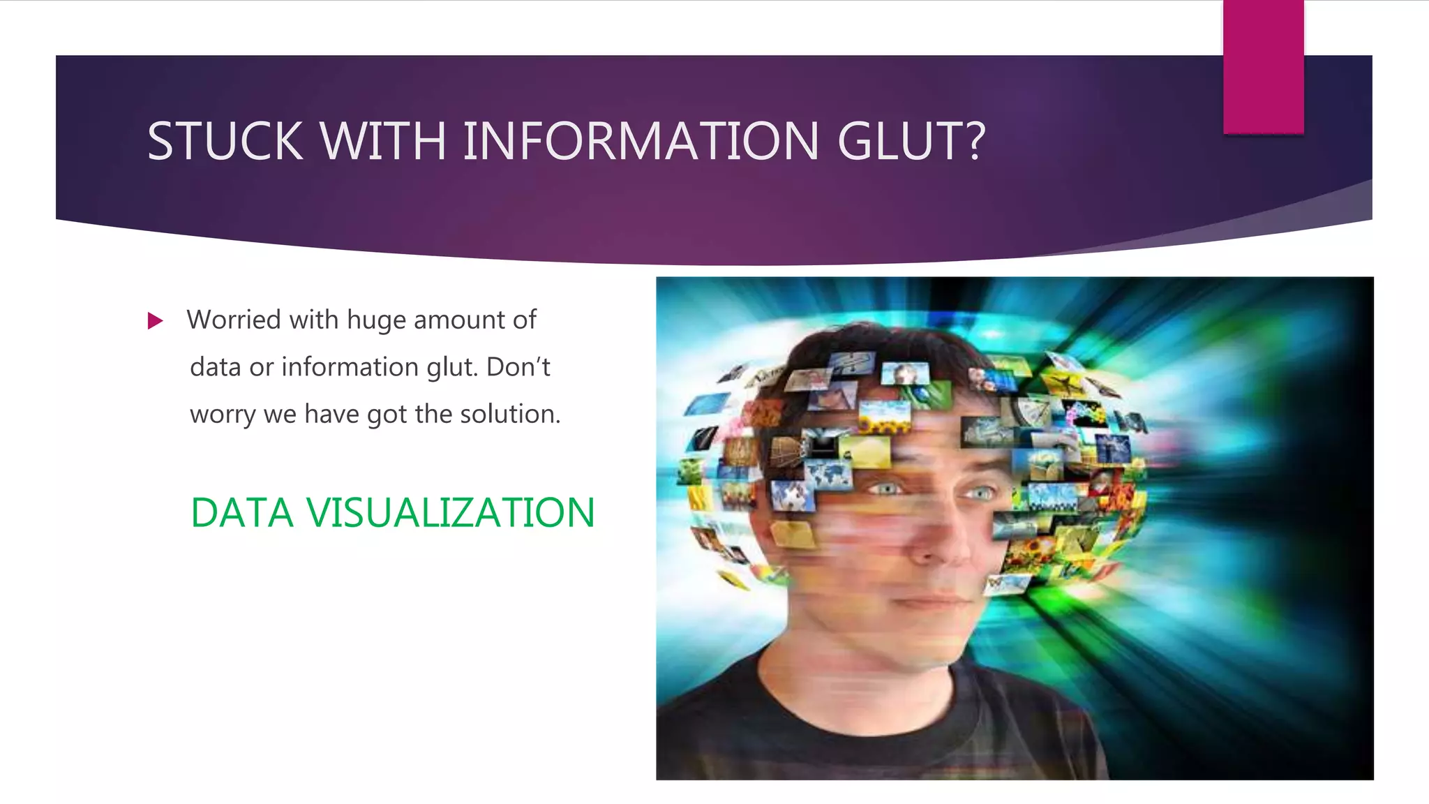 STUCK WITH INFORMATION GLUT?
Worried with huge amount of
data or information glut. Don’t
worry we have got the solution.
DATA VISUALIZATION