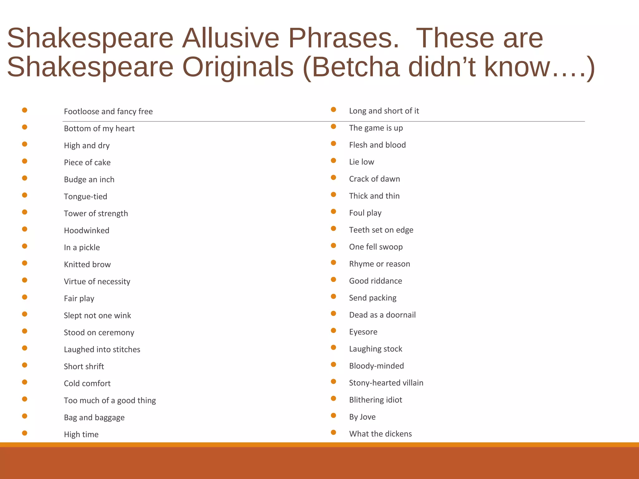 Shakespeare Allusive Phrases. These are 
Shakespeare Originals (Betcha didn’t know….) 
 Footloose and fancy free 
 Bottom of my heart 
 High and dry 
 Piece of cake 
 Budge an inch 
 Tongue-tied 
 Tower of strength 
 Hoodwinked 
 In a pickle 
 Knitted brow 
 Virtue of necessity 
 Fair play 
 Slept not one wink 
 Stood on ceremony 
 Laughed into stitches 
 Short shrift 
 Cold comfort 
 Too much of a good thing 
 Bag and baggage 
 High time 
 Long and short of it 
 The game is up 
 Flesh and blood 
 Lie low 
 Crack of dawn 
 Thick and thin 
 Foul play 
 Teeth set on edge 
 One fell swoop 
 Rhyme or reason 
 Good riddance 
 Send packing 
 Dead as a doornail 
 Eyesore 
 Laughing stock 
 Bloody-minded 
 Stony-hearted villain 
 Blithering idiot 
 By Jove 
 What the dickens 
 