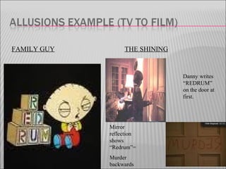 Danny writes
“REDRUM”
on the door at
first.
Mirror
reflection
shows
“Redrum”=
Murder
backwards
FAMILY GUY THE SHINING
 