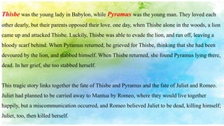 Thisbe was the young lady in Babylon, while Pyramus was the young man. They loved each
other dearly, but their parents opposed their love. one day, when Thisbe alone in the woods, a lion
came up and attacked Thisbe. Luckily, Thisbe was able to evade the lion, and ran off, leaving a
bloody scarf behind. When Pyramus returned, he grieved for Thisbe, thinking that she had been
devoured by the lion, and stabbed himself. When Thisbe returned, she found Pyramus lying there,
dead. In her grief, she too stabbed herself.
This tragic story links together the fate of Thisbe and Pyramus and the fate of Juliet and Romeo.
Juliet had planned to be carried away to Mantua by Romeo, where they would live together
happily, but a miscommunication occurred, and Romeo believed Juliet to be dead, killing himself;
Juliet, too, then killed herself.
 