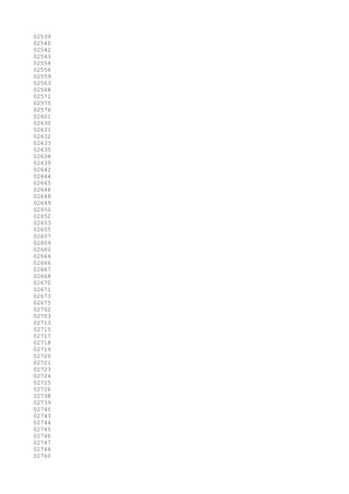 02539
02540
02542
02543
02554
02556
02559
02563
02568
02571
02575
02576
02601
02630
02631
02632
02633
02635
02638
02639
02642
02644
02645
02646
02648
02649
02650
02652
02653
02655
02657
02659
02660
02664
02666
02667
02668
02670
02671
02673
02675
02702
02703
02713
02715
02717
02718
02719
02720
02721
02723
02724
02725
02726
02738
02739
02740
02743
02744
02745
02746
02747
02748
02760
 
