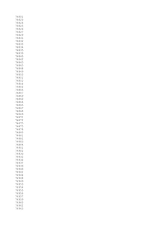 74801
74820
74824
74825
74826
74827
74829
74831
74832
74833
74834
74835
74839
74840
74842
74843
74845
74848
74849
74850
74851
74852
74854
74855
74856
74857
74859
74860
74864
74865
74867
74868
74869
74871
74872
74873
74875
74878
74880
74881
74882
74883
74884
74901
74902
74930
74931
74932
74937
74939
74940
74941
74944
74948
74949
74953
74954
74955
74956
74957
74959
74960
74962
74963
 