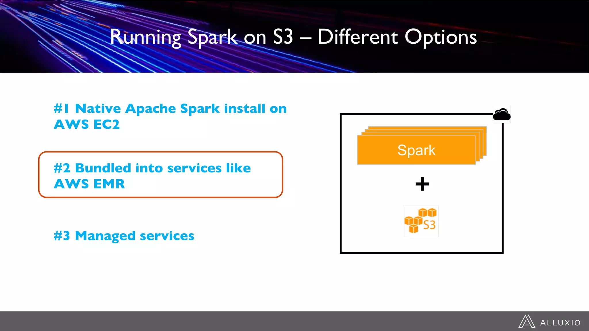 Running Spark on S3 – Different Options
#1 Native Apache Spark install on
AWS EC2
SparkSparkSparkSpark
+
#2 Bundled into services like
AWS EMR
#3 Managed services
 