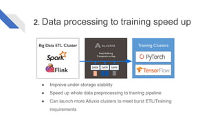 2. Data processing to training speed up
● Improve under storage stability
● Speed up whole data preprocessing to training pipeline
● Can launch more Alluxio clusters to meet burst ETL/Training
requirements
 