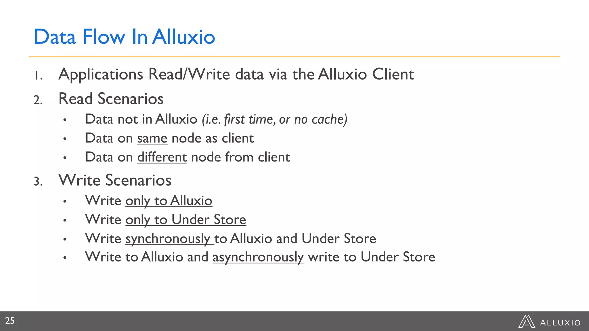 Data Flow In Alluxio
1. Applications Read/Write data via the Alluxio Client
2. Read Scenarios
• Data not in Alluxio (i.e. first time, or no cache)
• Data on same node as client
• Data on different node from client
3. Write Scenarios
• Write only to Alluxio
• Write only to Under Store
• Write synchronously to Alluxio and Under Store
• Write to Alluxio and asynchronously write to Under Store
25
 