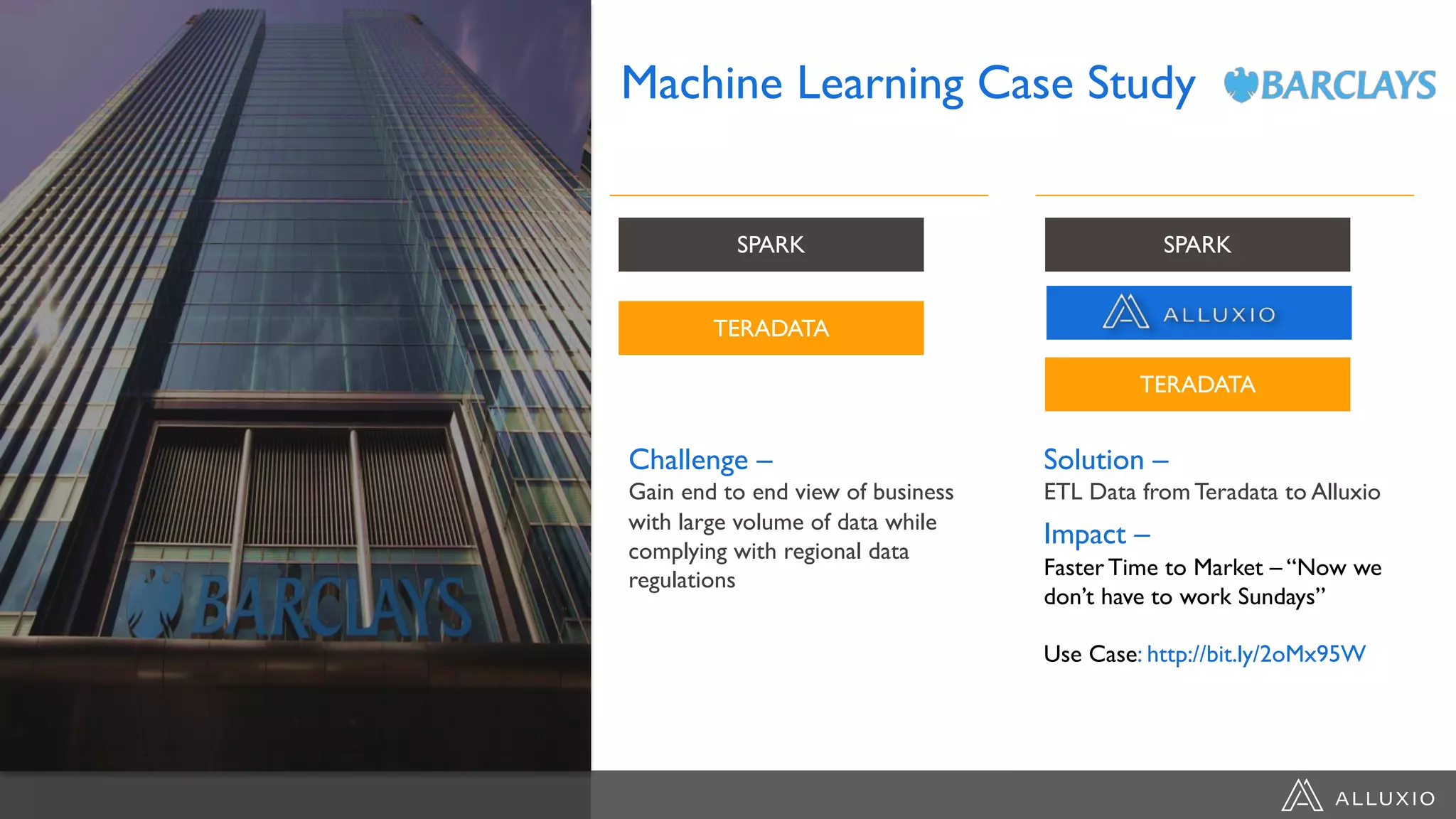 Machine Learning Case Study
Challenge –
Gain end to end view of business
with large volume of data while
complying with regional data
regulations
Solution –
ETL Data from Teradata to Alluxio
Impact –
Faster Time to Market – “Now we
don’t have to work Sundays”
Use Case: http://bit.ly/2oMx95W
SPARK
TERADATA
SPARK
TERADATA
 