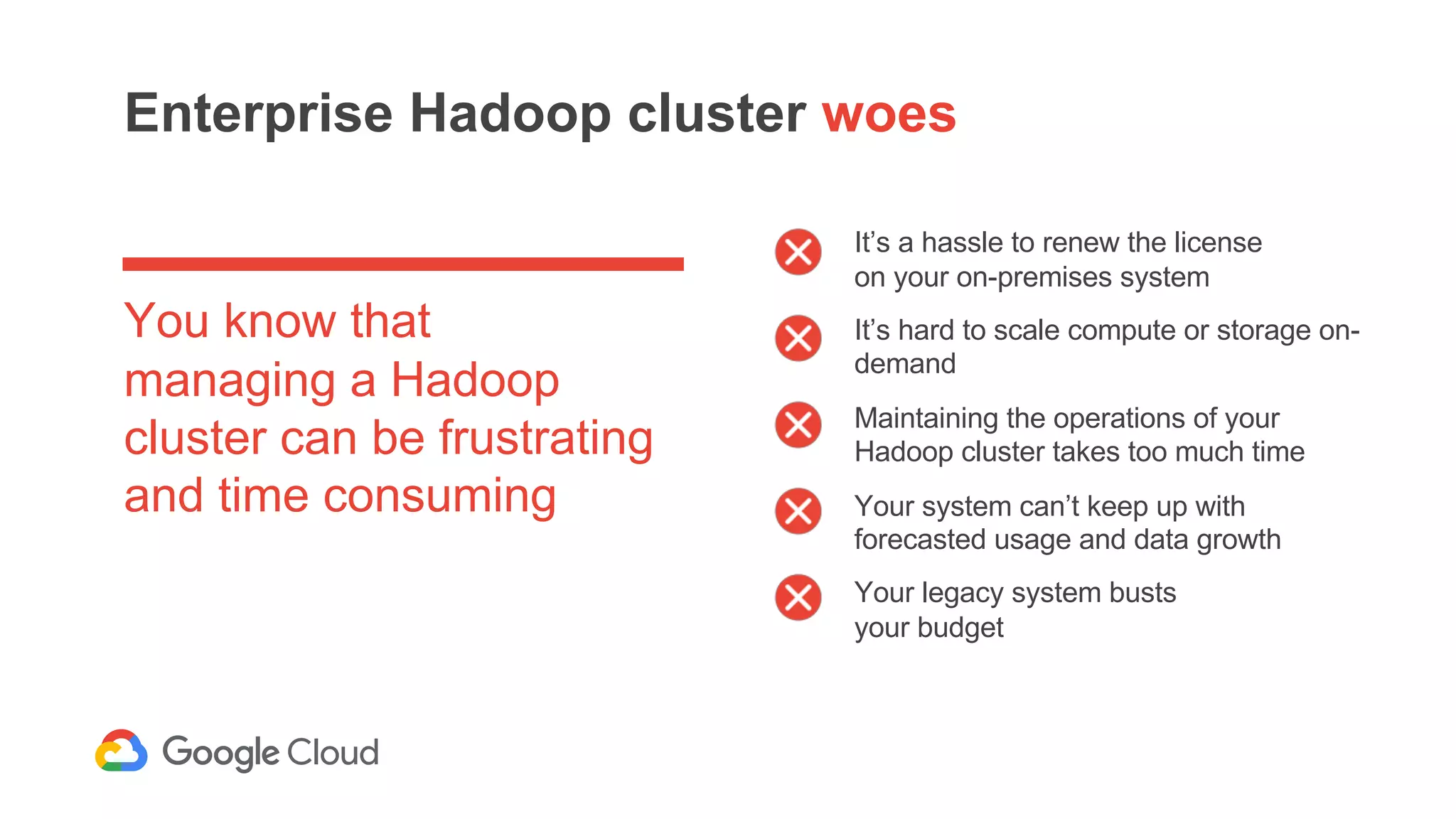 Enterprise Hadoop cluster woes
You know that
managing a Hadoop
cluster can be frustrating
and time consuming
It’s a hassle to renew the license
on your on-premises system
It’s hard to scale compute or storage on-
demand
Maintaining the operations of your
Hadoop cluster takes too much time
Your system can’t keep up with
forecasted usage and data growth
Your legacy system busts
your budget
 