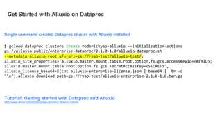 Get Started with Alluxio on Dataproc
Single command created Dataproc cluster with Alluxio installed
$ gcloud dataproc clusters create roderickyao-alluxio --initialization-actions
gs://alluxio-public/enterprise-dataproc/2.1.0-1.0/alluxio-dataproc.sh
--metadata alluxio_root_ufs_uri=gs://ryao-test/alluxio-test/,
alluxio_site_properties="alluxio.master.mount.table.root.option.fs.gcs.accessKeyId=<KEYID>;
alluxio.master.mount.table.root.option.fs.gcs.secretAccessKey=<SECRET>",
alluxio_license_base64=$(cat alluxio-enterprise-license.json | base64 | tr -d
"n"),alluxio_download_path=gs://ryao-test/alluxio-enterprise-2.1.0-1.0.tar.gz
Tutorial: Getting started with Dataproc and Alluxio
https://www.alluxio.io/products/google-cloud/gcp-dataproc-tutorial/
 