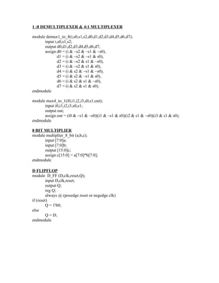 1 :8 DEMULTIPLEXER & 4:1 MULTIPLEXER

module demux1_to_8(i,s0,s1,s2,d0,d1,d2,d3,d4,d5,d6,d7);
      input i,s0,s1,s2;
      output d0,d1,d2,d3,d4,d5,d6,d7;
      assign d0 = (i & ~s2 & ~s1 & ~s0),
              d1 = (i & ~s2 & ~s1 & s0),
              d2 = (i & ~s2 & s1 & ~s0),
              d3 = (i & ~s2 & s1 & s0),
              d4 = (i & s2 & ~s1 & ~s0),
              d5 = (i & s2 & ~s1 & s0),
              d6 = (i & s2 & s1 & ~s0),
              d7 = (i & s2 & s1 & s0);
endmodule

module mux4_to_1(i0,i1,i2,i3,s0,s1,out);
      input i0,i1,i2,i3,s0,s1;
      output out;
      assign out = (i0 & ~s1 & ~s0)|(i1 & ~s1 & s0)|(i2 & s1 & ~s0)|(i3 & s1 & s0);
endmodule

8 BIT MULTIPLIER
module multiplier_8_bit (a,b,c);
      input [7:0]a;
      input [7:0]b;
      output [15:0]c;
      assign c[15:0] = a[7:0]*b[7:0];
endmodule

D FLIPFLOP
module D_FF (D,clk,reset,Q);
         input D,clk,reset;
         output Q;
         reg Q;
         always @ (posedge reset or negedge clk)
if (reset)
         Q = 1'b0;
else
         Q = D;
endmodule
 