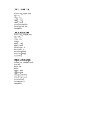 CMOS INVERTER

module my_inv(in,out);
input in;
output out;
supply1 pwr;
supply0 gnd;
pmos ( out,pwr,in);
nmos (out,gnd,in);
endmodule

CMOS NOR GATE
module my_nor(a,b,out);
input a,b;
output out;
wire c;
supply1 pwr;
supply0 gnd;
pmos ( c,pwr,b);
pmos (out,c,a);
nmos(out,gnd,a);
nmos(out,gnd,b);
endmodule

CMOS NAND GATE
module my_nand(a,b,out);
input a,b;
output out;
wire c;
supply1 pwr;
supply0 gnd;
pmos ( out,pwr,a);
pmos (out,pwr,b);
nmos(out,c,a);
nmos(c,gnd,b);
endmodule
 