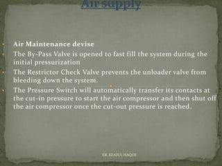 • Air Maintenance devise
• The By-Pass Valve is opened to fast fill the system during the
initial pressurization
• The Restrictor Check Valve prevents the unloader valve from
bleeding down the system.
• The Pressure Switch will automatically transfer its contacts at
the cut-in pressure to start the air compressor and then shut off
the air compressor once the cut-out pressure is reached.
ER. EZAZUL HAQUE
 