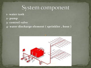 1- water tank
2- pump
3- control valve
4- water discharge element ( sprinkler , hose )
ER. EZAZUL HAQUE
 