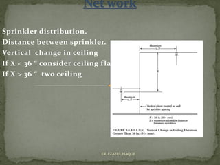Sprinkler distribution.
Distance between sprinkler.
Vertical change in ceiling
If X < 36 “ consider ceiling flat
If X > 36 “ two ceiling
ER. EZAZUL HAQUE
 