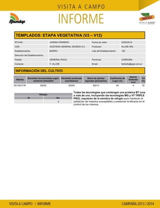 TEMPLADOS: ETAPA VEGETATIVA (V2 – V12)
RTV/AA: CARINA FERRERO Fecha de visita: 03/02/2014
CDS: ACEITERA GENERAL DEHEZA S A Productor: ALLWE SRL
Establecimiento: BOERO Lote del Establecimiento: 125
Dirección del Establecimiento:
Partido: GENERAL ROCA Provincia: CORDOBA
Contacto: F. ALLWE Email: faribotta@agd.com.ar
INFORMACIÓN DEL CULTIVO
Híbrido
Densidad recomendada según
ambiente (Dekalb®)
Densidad sembrada
(semillas/ha)
Stand de plantas
logradas (plantas/ha)
Coeficiente de
Logro (%)
Desvío
Estándar
(cm)
CV
(%)
DK190VT3P 65000 62000 60413 94 9 29
Refugio
Si No
X
Todas las tecnologías que contengan una proteína BT (una
o más de una, incluyendo las tecnologías MG y VT TRIPLE
para mantener laPRO), requieren de la siembra de refugio
población de insectos susceptibles y preservar la eficacia en el
control de los mismos.
 