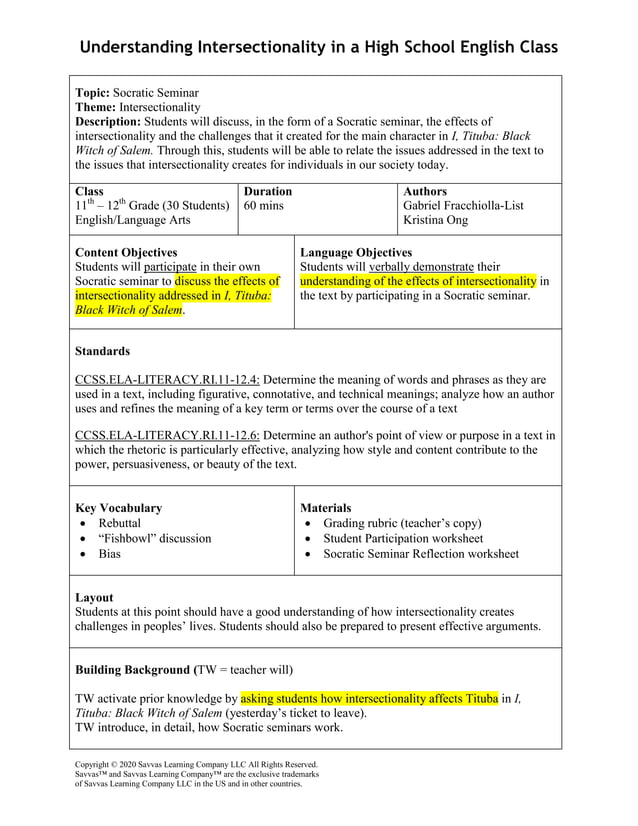 Understanding Intersectionality in a High School English Class | PDF