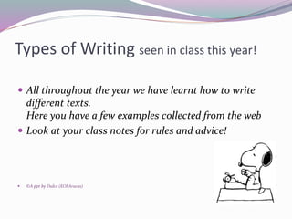 Types of Writing seen in class this year!
 All throughout the year we have learnt how to write
different texts.
Here you have a few examples collected from the web
 Look at your class notes for rules and advice!
 ©A ppt by Dulce (EOI Arucas)
 