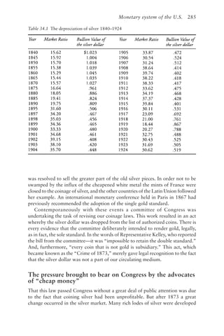 Monetary system of the U.S. 285
was resolved to sell the greater part of the old silver pieces. In order not to be
swamped by the influx of the cheapened white metal the mints of France were
closed to the coinage of silver, and the other countries of the Latin Union followed
her example. An international monetary conference held in Paris in 1867 had
previously recommended the adoption of the single gold standard.
Contemporaneously with these events a committee of Congress was
undertaking the task of revising our coinage laws. This work resulted in an act
whereby the silver dollar was dropped from the list of authorized coins. There is
every evidence that the committee deliberately intended to render gold, legally,
as in fact, the sole standard. In the words of Representative Kelley, who reported
the bill from the committee—it was “impossible to retain the double standard.”
And, furthermore, “every coin that is not gold is subsidiary.” This act, which
became known as the “Crime of 1873,” merely gave legal recognition to the fact
that the silver dollar was not a part of our circulating medium.
The pressure brought to bear on Congress by the advocates
of “cheap money”
That this law passed Congress without a great deal of public attention was due
to the fact that coining silver had been unprofitable. But after 1873 a great
change occurred in the silver market. Many rich lodes of silver were developed
Table 34.1 The depreciation of silver 1840–1924
 