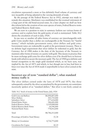 290 Money and credit
circulation represented a more or less definitely fixed volume of currency and
was incapable of being adjusted to the varying demands of trade.
By the passage of the Federal Reserve Act in 1912, attempt was made to
remedy this situation. Machinery was established for the eventual retirement of
a large part of the old bond-secured notes. In a later chapter we shall see how
this reform led to the creation of two new species of notes, Federal Reserve notes
and Federal Reserve Bank notes.
We are now in a position to state in summary fashion our various forms of
currency and to explain how the gold parity of each is maintained. Table 34.2
shows the circulation of each in July, 1924.
In one way or another all other forms of currency are interchangeable with
gold. Coins smaller than a dollar are exchangeable at the Treasury for “lawful
money,” which includes government notes, silver dollars and gold coins.
Government notes are redeemable in gold at the government treasury. There is
no definite legal requirement that silver dollars be redeemed in gold, but the
Currency Act of 1900 makes it the duty of the Secretary of the Treasury to
maintain other forms of money at a parity with gold. This means in practice that
he must exchange gold coins for silver dollars even if he should have to borrow
funds with which to secure the necessary gold. The Act of 1900 gave definite and
formal recognition to the single gold standard which, as we have seen, was
implied by the Act of 1871 and which, in fact though not in law, had been in
force ever since the Act of 1834 made it unprofitable to have silver coined at the
mint.
Incorrect use of term “standard dollar”; what standard
money really is
The silver dollars coined under the laws of 1878 and 1879, like those
subsequently coined by the silver accumulated by the government, are sometimes
incorrectly spoken of as “standard dollars.” But silver is not freely coined on
Table 34.2 Stock of money in the United States, July, 1924
Gold Coin and Bullion $4,490,807,000
Silver Dollars 503,755,000
Subsidiary Silver 277,614,000
United States Notes 346,681,000
Federal Reserve Notes 2,339,048,000
Federal Reserve Bank Notes 10,596,000
National Bank Notes 778,012,000
Total $8,746,513,000
Percentage of Gold to Total Money 51.34
Money in Circulation 4,754,773,000
Circulation Per Capita 42.19
 