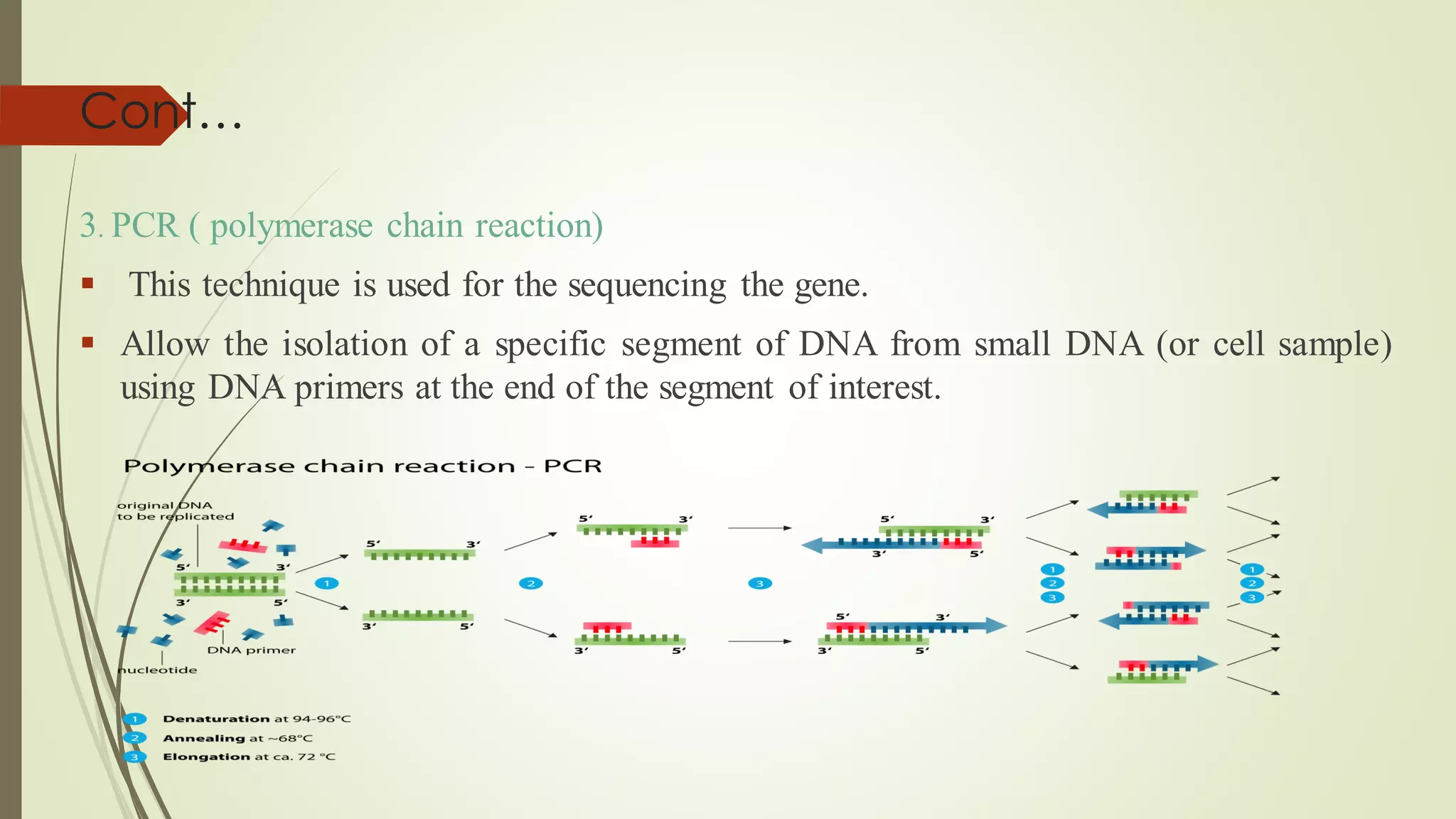 Cont…
3. PCR ( polymerase chain reaction)
▪ This technique is used for the sequencing the gene.
▪ Allow the isolation of a specific segment of DNA from small DNA (or cell sample)
using DNA primers at the end of the segment of interest.
 