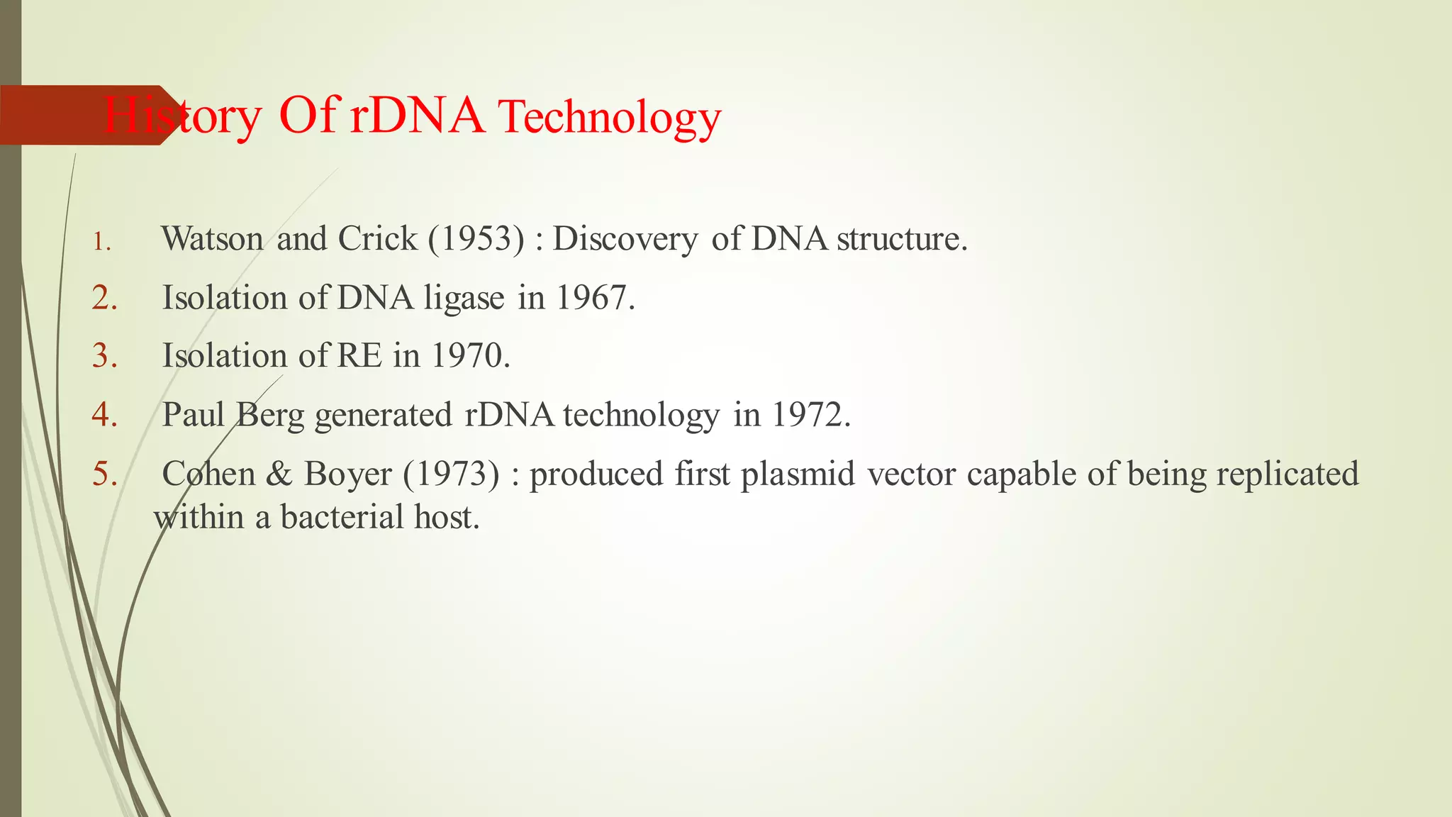 History Of rDNA Technology
1. Watson and Crick (1953) : Discovery of DNA structure.
2. Isolation of DNA ligase in 1967.
3. Isolation of RE in 1970.
4. Paul Berg generated rDNA technology in 1972.
5. Cohen & Boyer (1973) : produced first plasmid vector capable of being replicated
within a bacterial host.
 