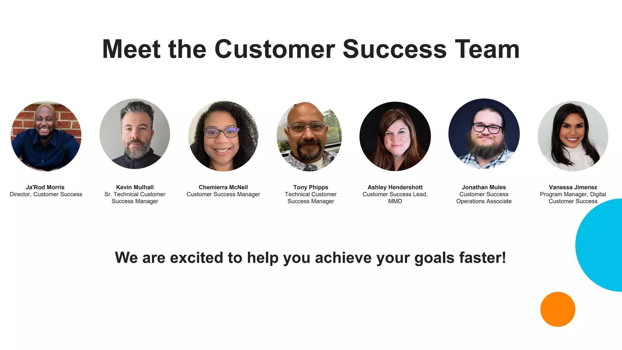 Meet the Customer Success Team
Ja'Rod Morris
Director, Customer Success
Kevin Mulhall
Sr. Technical Customer
Success Manager
Chemierra McNeil
Customer Success Manager
Tony Phipps
Technical Customer
Success Manager
Ashley Hendershott
Customer Success Lead,
MMD
Jonathan Mules
Customer Success
Operations Associate
Vanessa Jimenez
Program Manager, Digital
Customer Success
We are excited to help you achieve your goals faster!
 