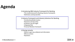 Agenda
1.Introducing IBM Industry Framework for Banking
•The market demand for Banking Industry Frameworks
•Definitions and key benefits
1.Industry Framework and Industry Solutions for Banking
•Corebanking Modernisation
•Payments and Securities
•Customer care & Insight
•Integrated Risk
•Financial Markets Framework
1.Closing remarks
•Where to get new collateral and information
•Who to contact
•Questions
 