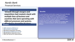 19
Nordic Bank
Financial Services
•Growth through mergers and
acquisitions had created a bank with
multiple lines of business and
countries that were operating with
different processes and systems.
•Needed to streamline business
Challenge
Solution
Benefits
A cross-enterprise transformation program that would ultimately
streamline all business processes and integrate system
An IT platform totally adaptive to changing business needs,
embracing SOA strategy and master data management
A cross-line of business customer view to continue to grow
business and improve customer satisfaction
A MDM solution to enable cross-selling and up-selling, M&A
integration, compliance (Basel II, MiFID) and operational
efficiency
APPROVED FOR EXTERNAL USE
 IBM® InfoSphere MDM Server
 IBM InfoSphere QualityStage
 IBM Rational Application Developer
 IBM InfoSphere MDM Server for PIM
 IBM WebSphere Application Server
 SWG Lab Services for implementation
 