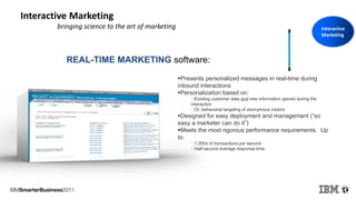 REAL-TIME MARKETING software:
Presents personalized messages in real-time during
inbound interactions
Personalization based on:
Existing customer data and new information gained during the
interaction
Or, behavioral targeting of anonymous visitors
Designed for easy deployment and management (“so
easy a marketer can do it”)
Meets the most rigorous performance requirements. Up
to:
1,000s of transactions per second
Half-second average response time
Interactive Marketing
bringing science to the art of marketing Interactive
Marketing
 