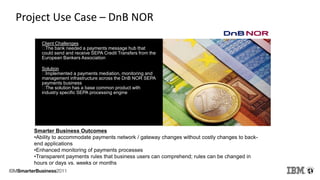 Smarter Business Outcomes
•Ability to accommodate payments network / gateway changes without costly changes to back-
end applications
•Enhanced monitoring of payments processes
•Transparent payments rules that business users can comprehend; rules can be changed in
hours or days vs. weeks or months
Client Challenges
The bank needed a payments message hub that
could send and receive SEPA Credit Transfers from the
European Bankers Association
Solution
Implemented a payments mediation, monitoring and
management infrastructure across the DnB NOR SEPA
payments business
The solution has a base common product with
industry specific SEPA processing engine
Project Use Case – DnB NOR
 