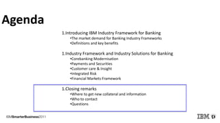 Agenda
1.Introducing IBM Industry Framework for Banking
•The market demand for Banking Industry Frameworks
•Definitions and key benefits
1.Industry Framework and Industry Solutions for Banking
•Corebanking Modernisation
•Payments and Securities
•Customer care & Insight
•Integrated Risk
•Financial Markets Framework
1.Closing remarks
•Where to get new collateral and information
•Who to contact
•Questions
 