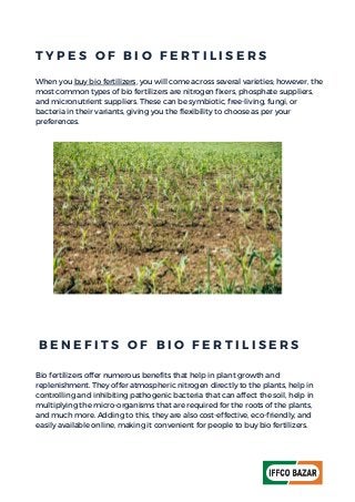 When you buy bio fertilizers, you will come across several varieties; however, the
most common types of bio fertilizers are nitrogen fixers, phosphate suppliers,
and micronutrient suppliers. These can be symbiotic, free-living, fungi, or
bacteria in their variants, giving you the flexibility to choose as per your
preferences.
Bio fertilizers offer numerous benefits that help in plant growth and
replenishment. They offer atmospheric nitrogen directly to the plants, help in
controlling and inhibiting pathogenic bacteria that can affect the soil, help in
multiplying the micro-organisms that are required for the roots of the plants,
and much more. Adding to this, they are also cost-effective, eco-friendly, and
easily available online, making it convenient for people to buy bio fertilizers.
T Y P E S O F B I O F E R T I L I S E R S
B E N E F I T S O F B I O F E R T I L I S E R S
 