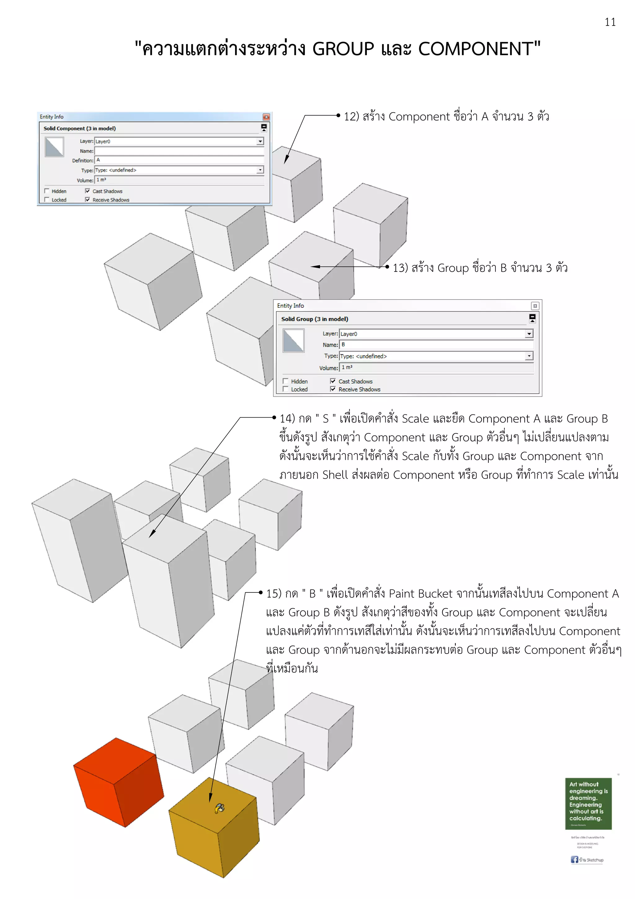 11
"ความแตกตางระหวาง GROUP และ COMPONENT"
12) สรEาง Component ชื่อวDา A จํานวน 3 ตัว
13) สรEาง Group ชื่อวDา B จํานวน 3 ตัว
14) กด " S " เพื่อเปดคําสั่ง Scale และยืด Component A และ Group B
ขึ้นดังรูป สังเกตุวDา Component และ Group ตัวอื่นๆ ไมDเปลี่ยนแปลงตาม
ดังนั้นจะเห็นวDาการใชEคําสั่ง Scale กับทั้ง Group และ Component จาก
ภายนอก Shell สDงผลตDอ Component หรือ Group ที่ทําการ Scale เทDานั้น
15) กด " B " เพื่อเปดคําสั่ง Paint Bucket จากนั้นเทสีลงไปบน Component A
และ Group B ดังรูป สังเกตุวDาสีของทั้ง Group และ Component จะเปลี่ยน
แปลงแคDตัวที่ทําการเทสีใสDเทDานั้น ดังนั้นจะเห็นวDาการเทสีลงไปบน Component
และ Group จากดEานอกจะไมDมีผลกระทบตDอ Group และ Component ตัวอื่นๆ
ที่เหมือนกัน
 