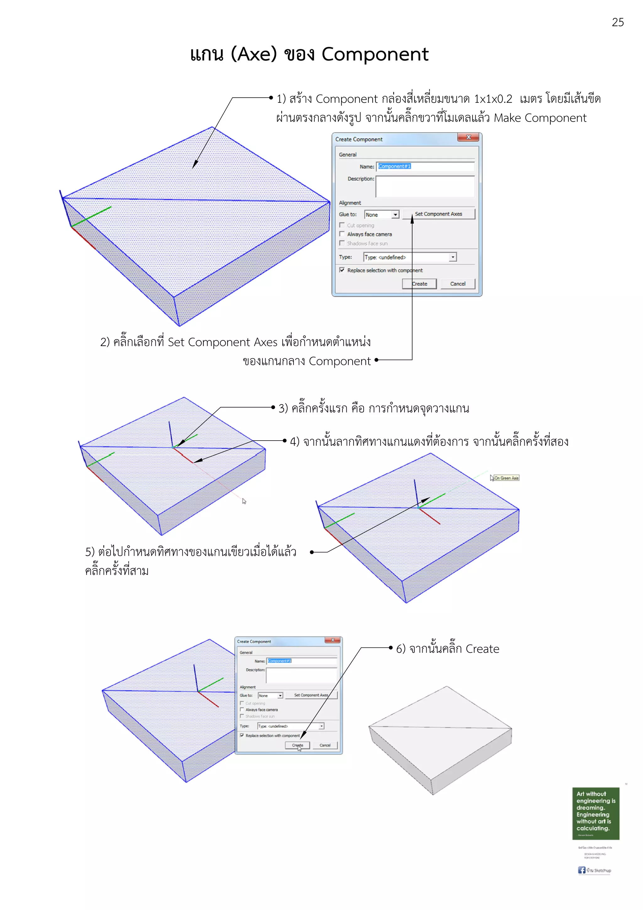 25
แกน (Axe) ของ Component
1) สรEาง Component กลDองสี่เหลี่ยมขนาด 1x1x0.2 เมตร โดยมีเสEนขีด
ผDานตรงกลางดังรูป จากนั้นคลิ๊กขวาที่โมเดลแลEว Make Component
2) คลิ๊กเลือกที่ Set Component Axes เพื่อกําหนดตําแหนDง
ของแกนกลาง Component
3) คลิ๊กครั้งแรก คือ การกําหนดจุดวางแกน
4) จากนั้นลากทิศทางแกนแดงที่ตEองการ จากนั้นคลิ๊กครั้งที่สอง
5) ตDอไปกําหนดทิศทางของแกนเขียวเมื่อไดEแลEว
คลิ๊กครั้งที่สาม
6) จากนั้นคลิ๊ก Create
 