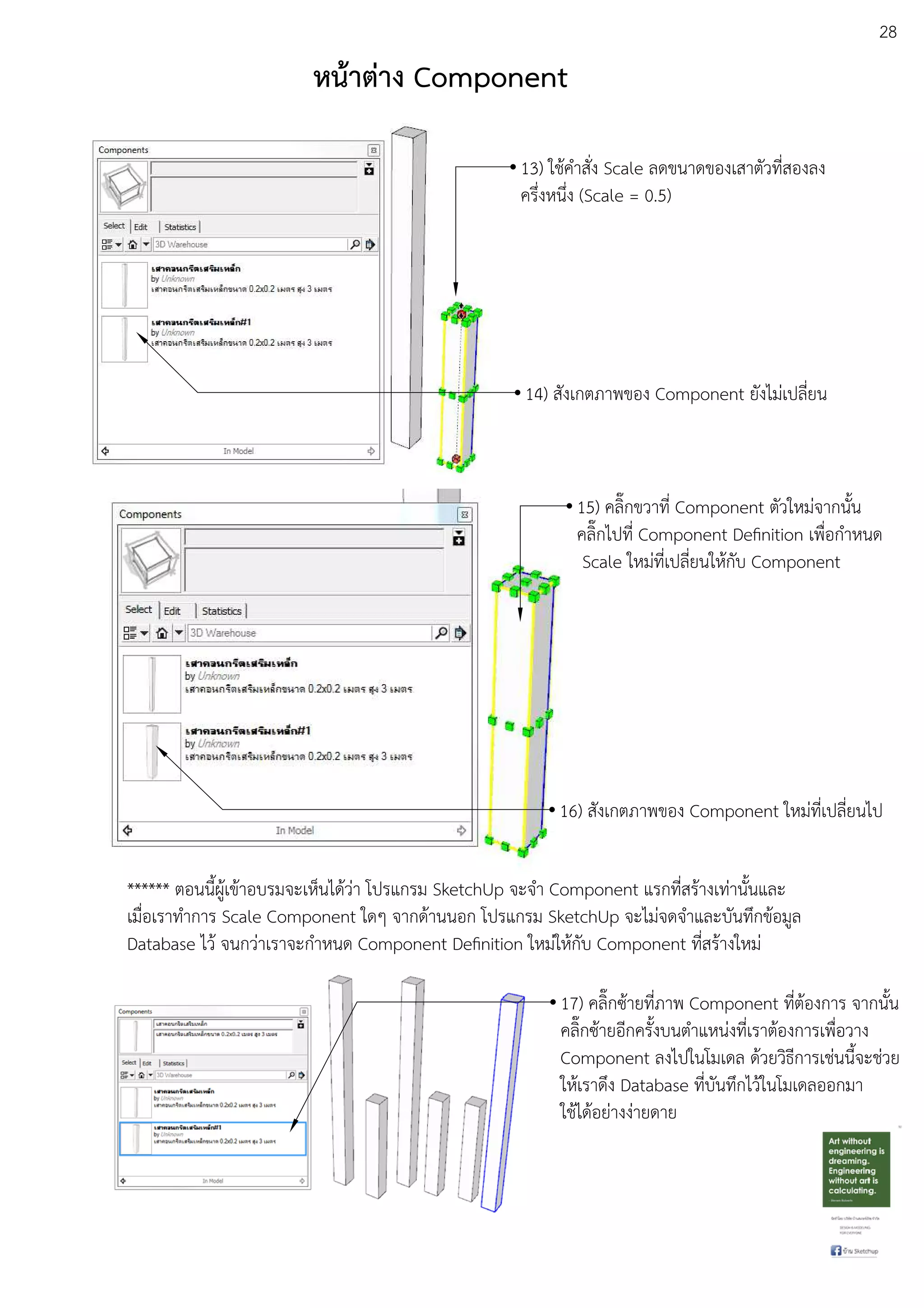 28
13) ใชEคําสั่ง Scale ลดขนาดของเสาตัวที่สองลง
ครึ่งหนึ่ง (Scale = 0.5)
14) สังเกตภาพของ Component ยังไมDเปลี่ยน
หน:าตาง Component
15) คลิ๊กขวาที่ Component ตัวใหมDจากนั้น
คลิ๊กไปที่ Component Deﬁnition เพื่อกําหนด
Scale ใหมDที่เปลี่ยนใหEกับ Component
16) สังเกตภาพของ Component ใหมDที่เปลี่ยนไป
****** ตอนนี้ผูEเขEาอบรมจะเห็นไดEวDา โปรแกรม SketchUp จะจํา Component แรกที่สรEางเทDานั้นและ
เมื่อเราทําการ Scale Component ใดๆ จากดEานนอก โปรแกรม SketchUp จะไมDจดจําและบันทึกขEอมูล
Database ไวE จนกวDาเราจะกําหนด Component Deﬁnition ใหมDใหEกับ Component ที่สรEางใหมD
17) คลิ๊กซEายที่ภาพ Component ที่ตEองการ จากนั้น
คลิ๊กซEายอีกครั้งบนตําแหนDงที่เราตEองการเพื่อวาง
Component ลงไปในโมเดล ดEวยวิธีการเชDนนี้จะชDวย
ใหEเราดึง Database ที่บันทึกไวEในโมเดลออกมา
ใชEไดEอยDางงDายดาย
 