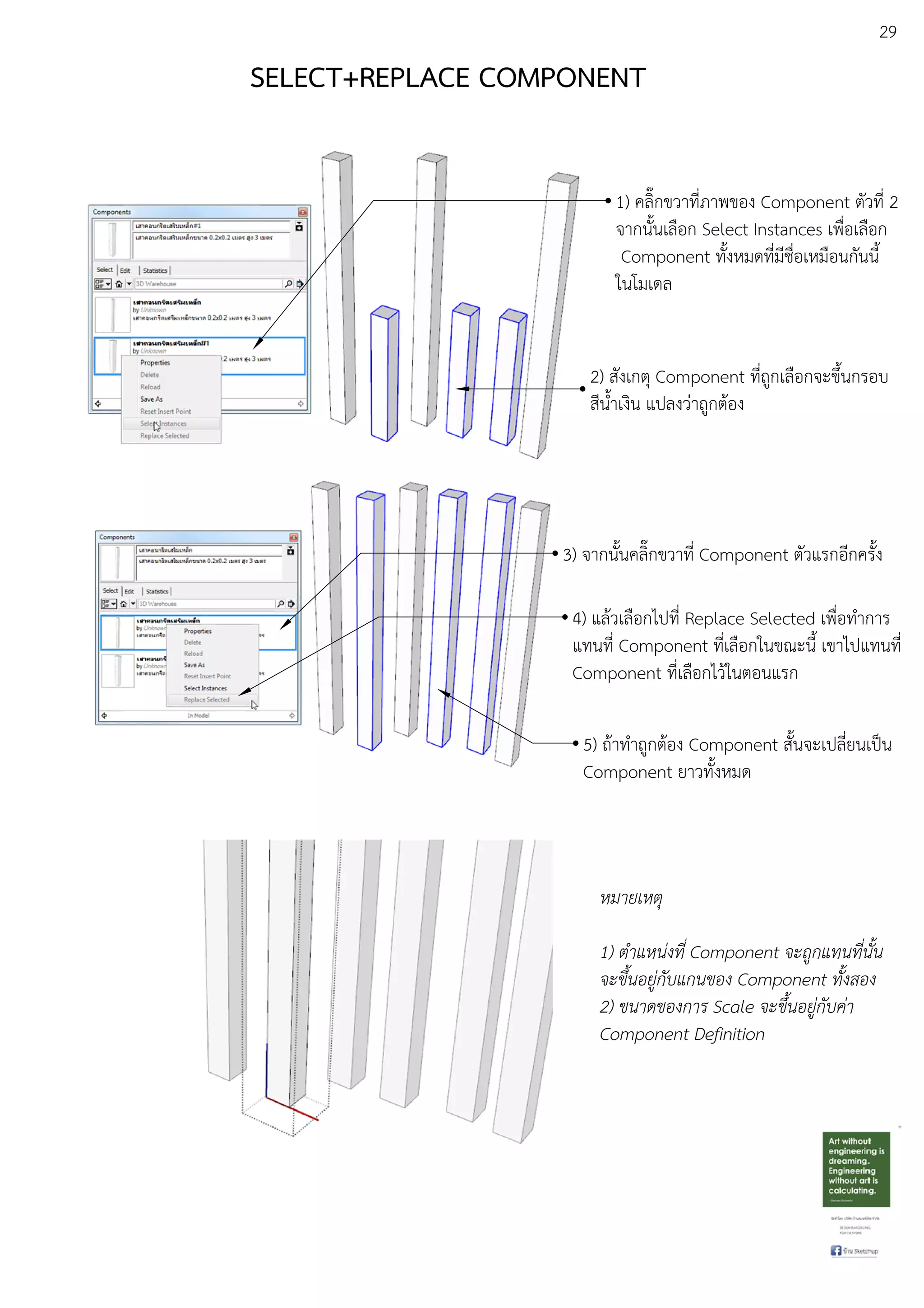 29
SELECT+REPLACE COMPONENT
1) คลิ๊กขวาที่ภาพของ Component ตัวที่ 2
จากนั้นเลือก Select Instances เพื่อเลือก
Component ทั้งหมดที่มีชื่อเหมือนกันนี้
ในโมเดล
2) สังเกตุ Component ที่ถูกเลือกจะขึ้นกรอบ
สีน้ําเงิน แปลงวDาถูกตEอง
3) จากนั้นคลิ๊กขวาที่ Component ตัวแรกอีกครั้ง
4) แลEวเลือกไปที่ Replace Selected เพื่อทําการ
แทนที่ Component ที่เลือกในขณะนี้ เขาไปแทนที่
Component ที่เลือกไวEในตอนแรก
5) ถEาทําถูกตEอง Component สั้นจะเปลี่ยนเปfน
Component ยาวทั้งหมด
หมายเหตุ
1) ตําแหน.งที่ Component จะถูกแทนที่นั้น
จะขึ้นอยู.กับแกนของ Component ทั้งสอง
2) ขนาดของการ Scale จะขึ้นอยู.กับค.า
Component Definition
 