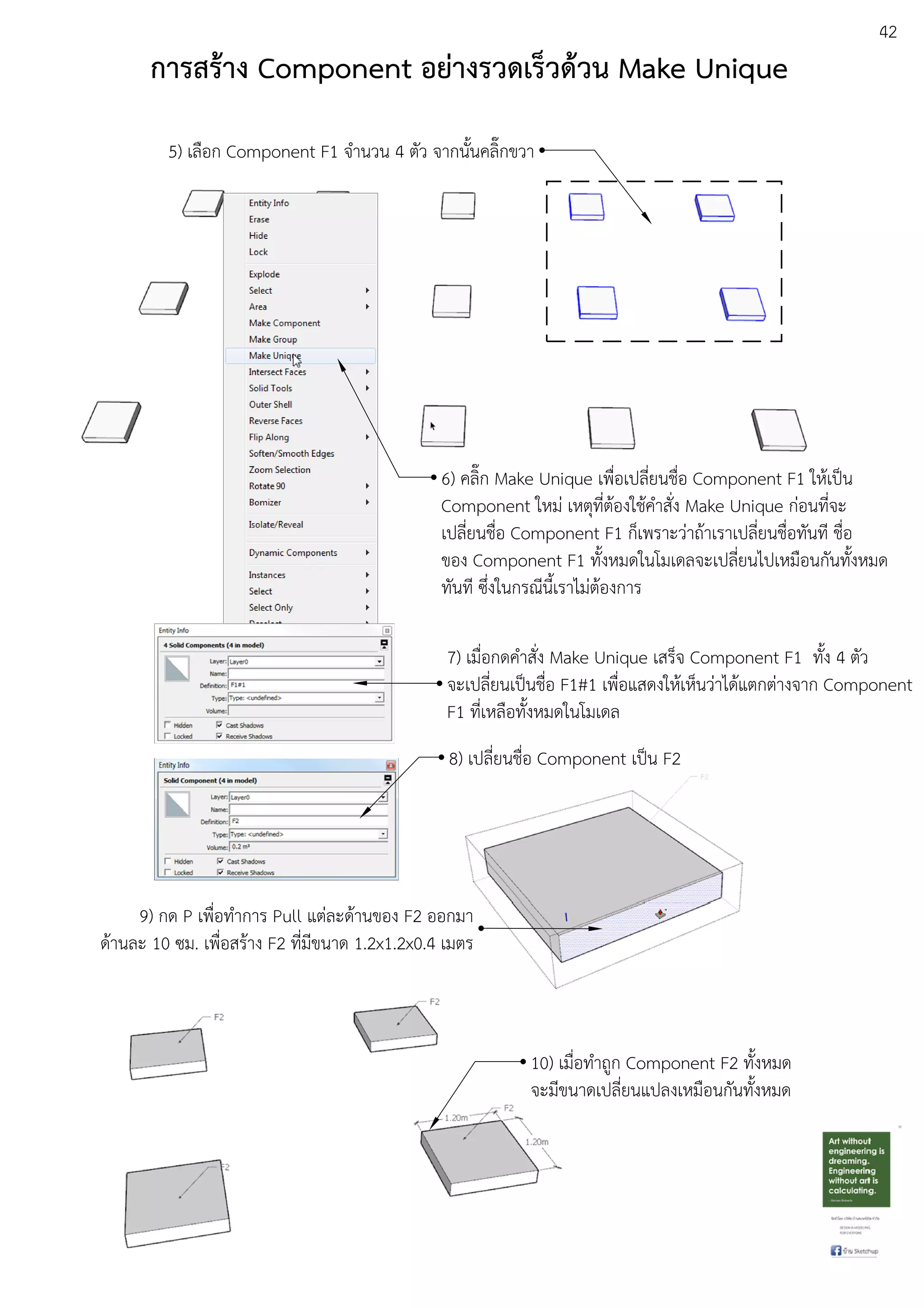 42
การสร:าง Component อยางรวดเร็วด:วน Make Unique
5) เลือก Component F1 จํานวน 4 ตัว จากนั้นคลิ๊กขวา
6) คลิ๊ก Make Unique เพื่อเปลี่ยนชื่อ Component F1 ใหEเปfน
Component ใหมD เหตุที่ตEองใชEคําสั่ง Make Unique กDอนที่จะ
เปลี่ยนชื่อ Component F1 ก็เพราะวDาถEาเราเปลี่ยนชื่อทันที ชื่อ
ของ Component F1 ทั้งหมดในโมเดลจะเปลี่ยนไปเหมือนกันทั้งหมด
ทันที ซึ่งในกรณีนี้เราไมDตEองการ
7) เมื่อกดคําสั่ง Make Unique เสร็จ Component F1 ทั้ง 4 ตัว
จะเปลี่ยนเปfนชื่อ F1#1 เพื่อแสดงใหEเห็นวDาไดEแตกตDางจาก Component
F1 ที่เหลือทั้งหมดในโมเดล
8) เปลี่ยนชื่อ Component เปfน F2
9) กด P เพื่อทําการ Pull แตDละดEานของ F2 ออกมา
ดEานละ 10 ซม. เพื่อสรEาง F2 ที่มีขนาด 1.2x1.2x0.4 เมตร
10) เมื่อทําถูก Component F2 ทั้งหมด
จะมีขนาดเปลี่ยนแปลงเหมือนกันทั้งหมด
 