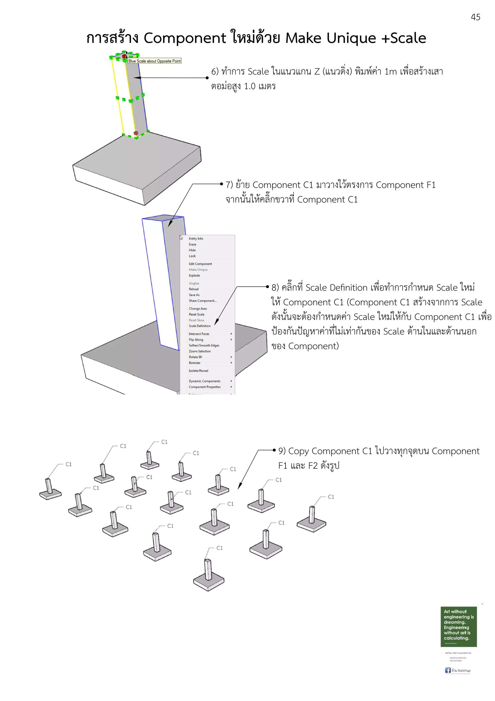 45
6) ทําการ Scale ในแนวแกน Z (แนวดิ่ง) พิมพuคDา 1m เพื่อสรEางเสา
ตอมDอสูง 1.0 เมตร
7) ยEาย Component C1 มาวางใวEตรงการ Component F1
จากนั้นใหEคลิ๊กขวาที่ Component C1
8) คลิ๊กที่ Scale Deﬁnition เพื่อทําการกําหนด Scale ใหมD
ใหE Component C1 (Component C1 สรEางจากการ Scale
ดังนั้นจะตEองกําหนดคDา Scale ใหมDใหEกับ Component C1 เพื่อ
ป•องกันป‚ญหาคDาที่ไมDเทDากันของ Scale ดEานในและดEานนอก
ของ Component)
9) Copy Component C1 ไปวางทุกจุดบน Component
F1 และ F2 ดังรูป
การสร:าง Component ใหมด:วย Make Unique +Scale
 