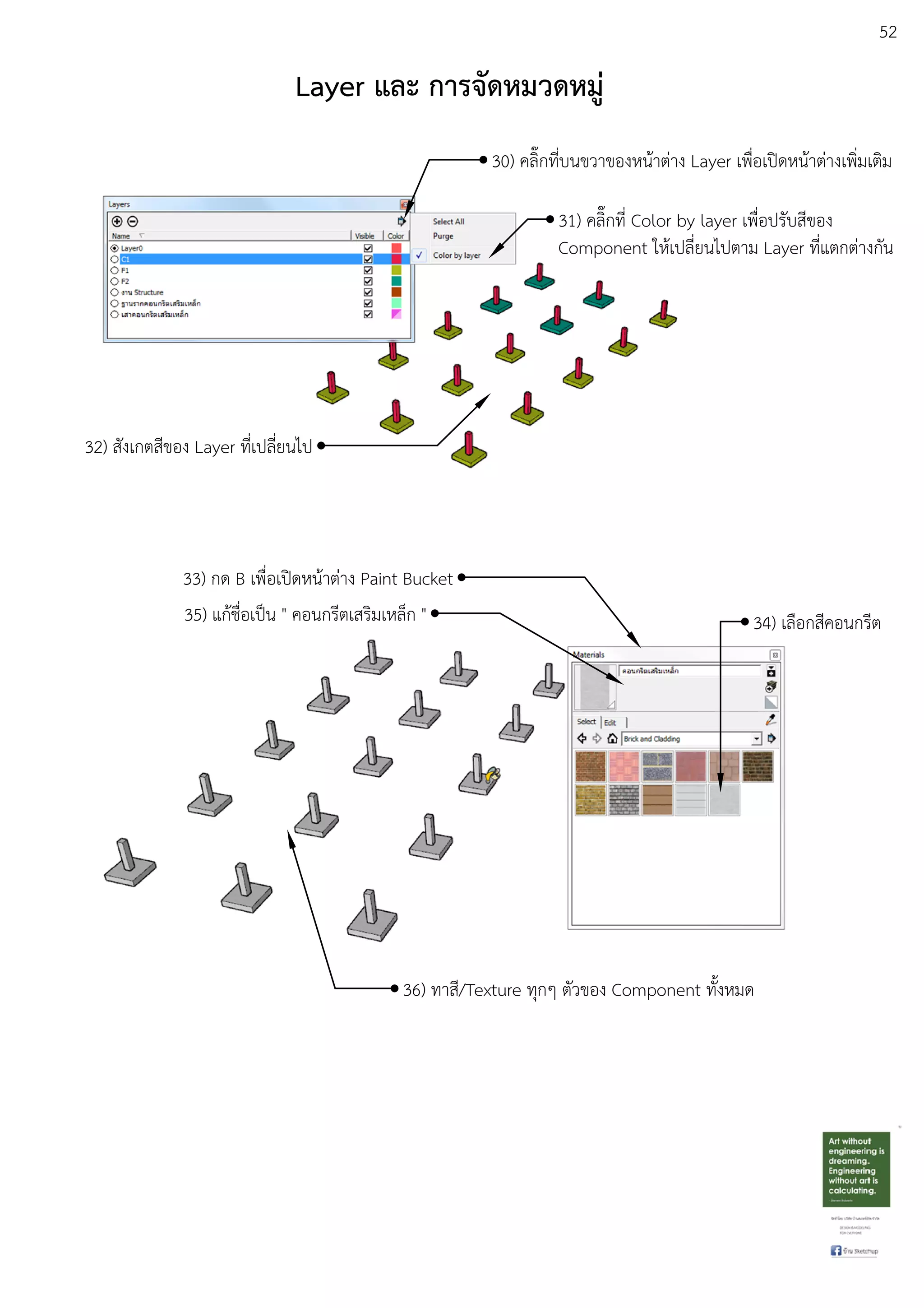52
Layer และ การจัดหมวดหมู
30) คลิ๊กที่บนขวาของหนEาตDาง Layer เพื่อเปดหนEาตDางเพิ่มเติม
31) คลิ๊กที่ Color by layer เพื่อปรับสีของ
Component ใหEเปลี่ยนไปตาม Layer ที่แตกตDางกัน
32) สังเกตสีของ Layer ที่เปลี่ยนไป
33) กด B เพื่อเปดหนEาตDาง Paint Bucket
34) เลือกสีคอนกรีต35) แกEชื่อเปfน " คอนกรีตเสริมเหล็ก "
36) ทาสี/Texture ทุกๆ ตัวของ Component ทั้งหมด
 
