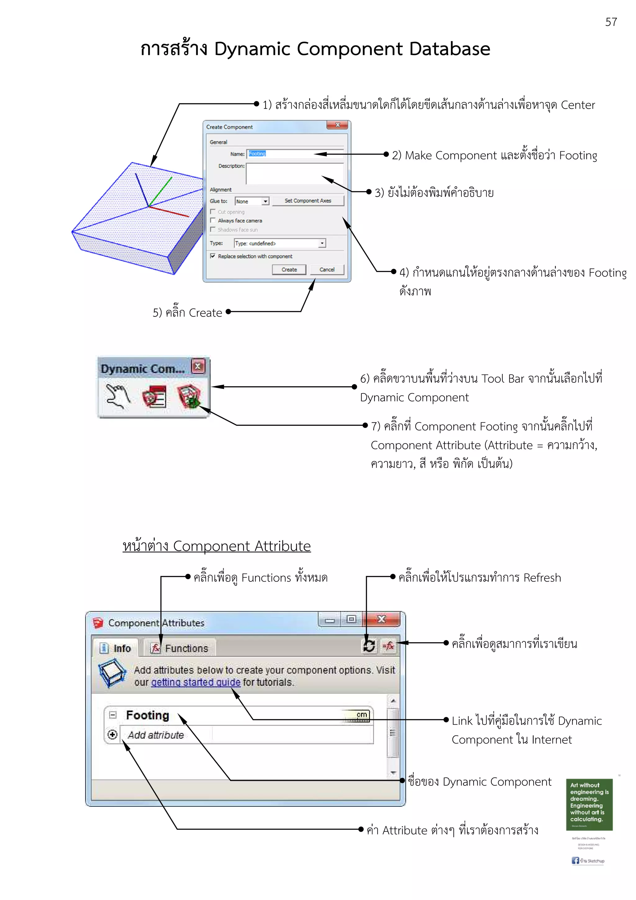 57
การสร:าง Dynamic Component Database
1) สรEางกลDองสี่เหลี่มขนาดใดก็ไดEโดยขีดเสEนกลางดEานลDางเพื่อหาจุด Center
2) Make Component และตั้งชื่อวDา Footing
3) ยังไมDตEองพิมพuคําอธิบาย
4) กําหนดแกนใหEอยูDตรงกลางดEานลDางของ Footing
ดังภาพ
5) คลิ๊ก Create
6) คลิ๊ดขวาบนพื้นที่วDางบน Tool Bar จากนั้นเลือกไปที่
Dynamic Component
7) คลิ๊กที่ Component Footing จากนั้นคลิ๊กไปที่
Component Attribute (Attribute = ความกวEาง,
ความยาว, สี หรือ พิกัด เปfนตEน)
หนEาตDาง Component Attribute
คลิ๊กเพื่อดู Functions ทั้งหมด คลิ๊กเพื่อใหEโปรแกรมทําการ Refresh
คลิ๊กเพื่อดูสมาการที่เราเขียน
Link ไปที่คูDมือในการใชE Dynamic
Component ใน Internet
ชื่อของ Dynamic Component
คDา Attribute ตDางๆ ที่เราตEองการสรEาง
 