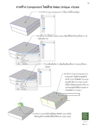 44
การสร:าง Component ใหมด:วย Make Unique +Scale
1) ทําการ Copy Component F1 ขึ้นมาวางใวEดEานบนดังรูป
2) คลิ๊กขวาจากนั้นเลือก Make Unique เพื่อแกEชื่อใหมD สังเกตุ ชื่อของ F1 จะ
เปลี่ยนเปfน F#1
3) เปลี่ยนชื่อเปfน C1 เพื่อเตรียมที่จะแกEไขจาก Footing ใหEกลาย
เปfนเสา
4) ทําการ Scale Component C1
ตามแกนขวา พิมพuคDาระยะสุดทEาย
เทDากับ 0.2m (ถEาพิมพuคDา 0.2 ความ
หมายคือ อัตราการ Scale 0.2 เทDา
ดังนั้นการใสDหนDวยระยะทาง คือ การ
บอกระยะสุดทEายที่ตEองการแทนการ
กําหนดอัตราการ Scale )
5) ทําการ Scale อีกดEานหนึ่งดังรูป พิมพuคDา 0.2m เชDนกัน
เมื่อทําถูกตEองเราจะไดEเสาที่มีหนEาตัดขนาด 0.2x0.2 เมตร
 