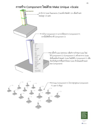 45
6) ทําการ Scale ในแนวแกน Z (แนวดิ่ง) พิมพuคDา 1m เพื่อสรEางเสา
ตอมDอสูง 1.0 เมตร
7) ยEาย Component C1 มาวางใวEตรงการ Component F1
จากนั้นใหEคลิ๊กขวาที่ Component C1
8) คลิ๊กที่ Scale Deﬁnition เพื่อทําการกําหนด Scale ใหมD
ใหE Component C1 (Component C1 สรEางจากการ Scale
ดังนั้นจะตEองกําหนดคDา Scale ใหมDใหEกับ Component C1 เพื่อ
ป•องกันป‚ญหาคDาที่ไมDเทDากันของ Scale ดEานในและดEานนอก
ของ Component)
9) Copy Component C1 ไปวางทุกจุดบน Component
F1 และ F2 ดังรูป
การสร:าง Component ใหมด:วย Make Unique +Scale
 
